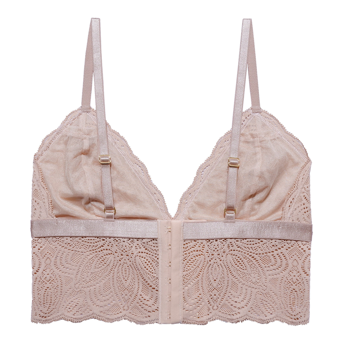 Our Luna Bralette is comfortable and easy to style for any occasion. Made in an elegant lace with delicate scalloped edges and beige mesh lining, it is modern and romantic. Its long line fit