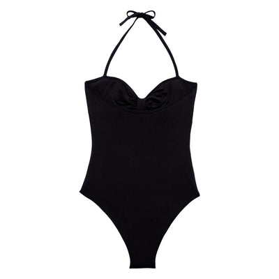 Our Melina Swimsuit is made in soft recycled polyester fabric in classic black. Sustainable swimwear.