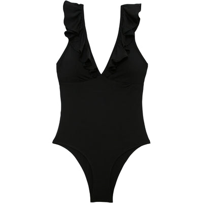 Rita swimsuit is made in classic black, with soft ruffles decorating. Sustainable swimwear 